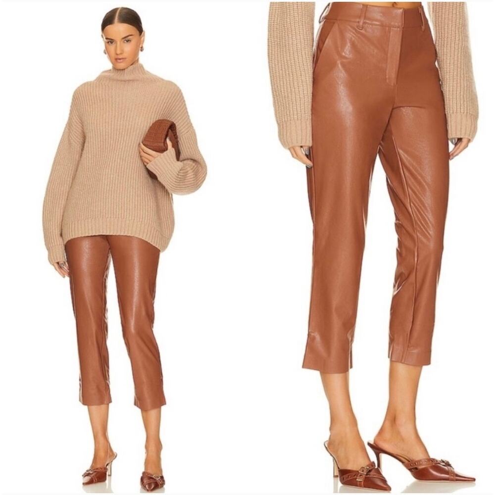 Comanndo Faux Leather High Rise Crop Trousers Size Small Straight Leg Brown Luxe